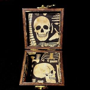 Stained Wooden Jewelry Box with Gold Clasp NWOT Skeleton Bones lined gift box
